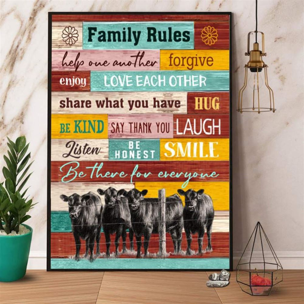 Cow On Farm Family Rules Love Each Other Share What You Have Be Kind Honest Canvas, Farm Canvas, Farm Art Decor