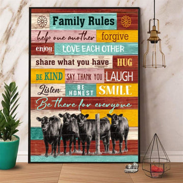 Cow On Farm Family Rules Love Each Other Share What You Have Be Kind Honest Canvas, Farm Canvas, Farm Art Decor