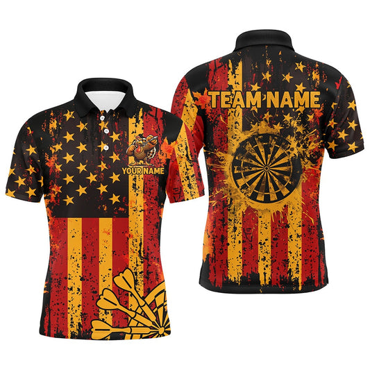 Custom Autumn Grunge Us Flag Patriotic Dart Shirts For Men, Thanksgiving Retro Darts Team Polo, Darts Team Polo Shirt