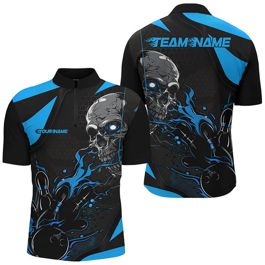 Custom Black And Blue Flame Bowling Shirts For Men, Halloween Skull Bowling Shirtsoutfits , Bowling Jersey Shirt