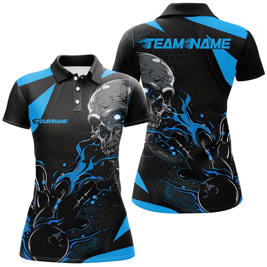 Custom Black And Blue Flame Ladies Bowling Shirts, Halloween Skull Bowling Shirts Outfits, Bowling Team Shirts