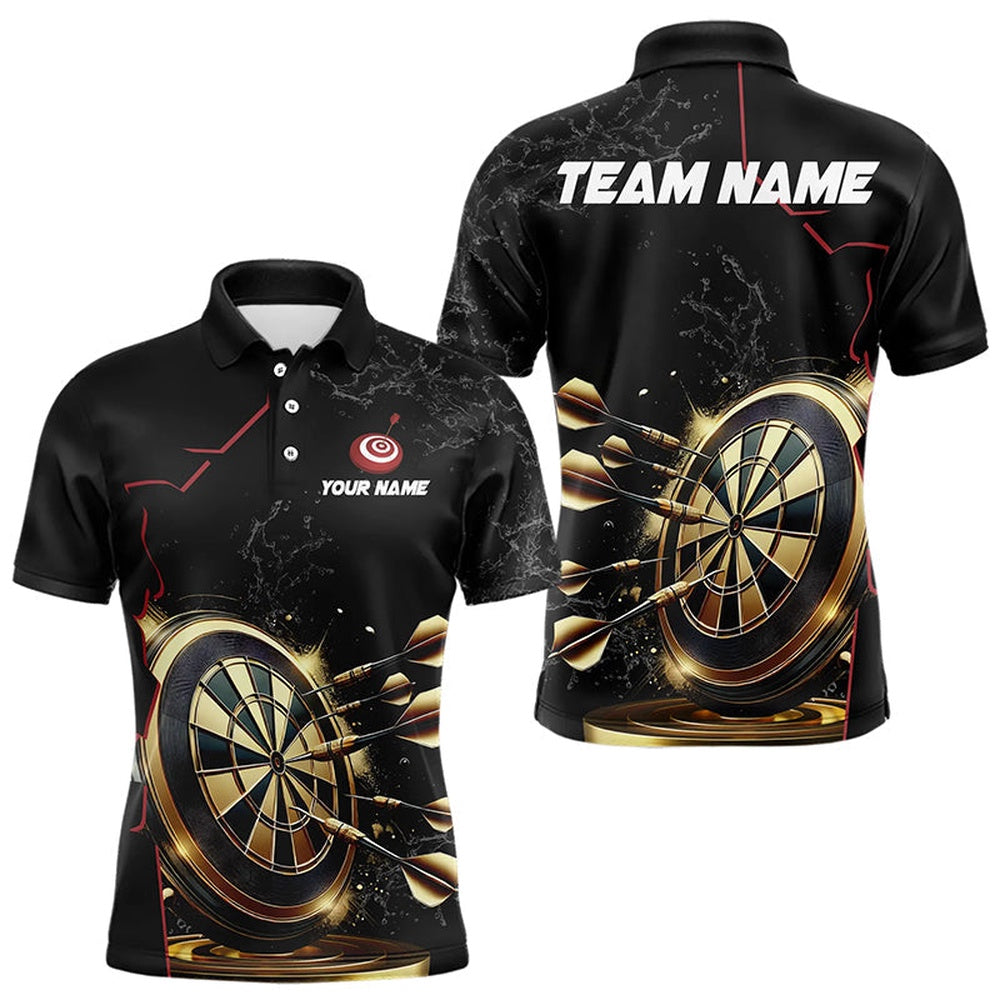 Custom Black And Golden Dart Shirts For Men, Personalized Glowing Darts Team Polo Darts Uniform, Darts Team Polo Shirt