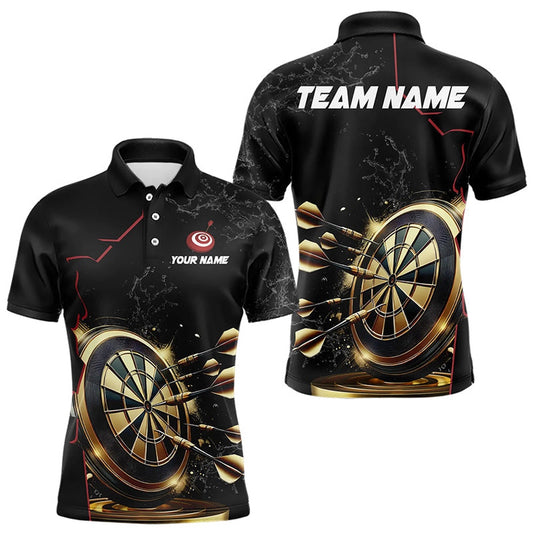 Custom Black And Golden Dart Shirts For Men, Personalized Glowing Darts Team Polo Darts Uniform, Darts Team Polo Shirt