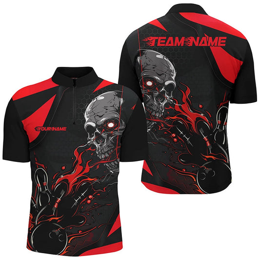 Custom Black And Red Flame Bowling Shirts For Men, Halloween Skull Bowling Shirtsoutfits , Bowling Jersey Shirt