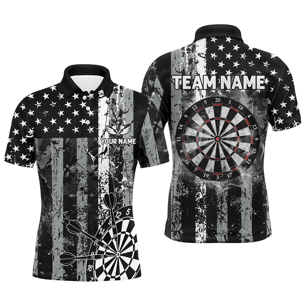 Custom Black Grunge US Flag Patriotic Dart Shirts For Men, Retro Darts Board Smoke Dart Team Polo, Darts Team Polo Shirt