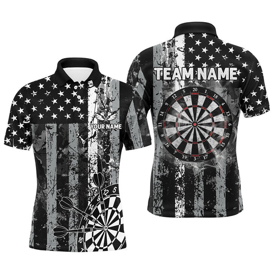 Custom Black Grunge US Flag Patriotic Dart Shirts For Men, Retro Darts Board Smoke Dart Team Polo, Darts Team Polo Shirt