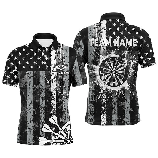 Custom Black Grunge US Flag Patriotic Darts Shirt For Men, Retro Darts Board Darts Team Polo, Darts Team Polo Shirt
