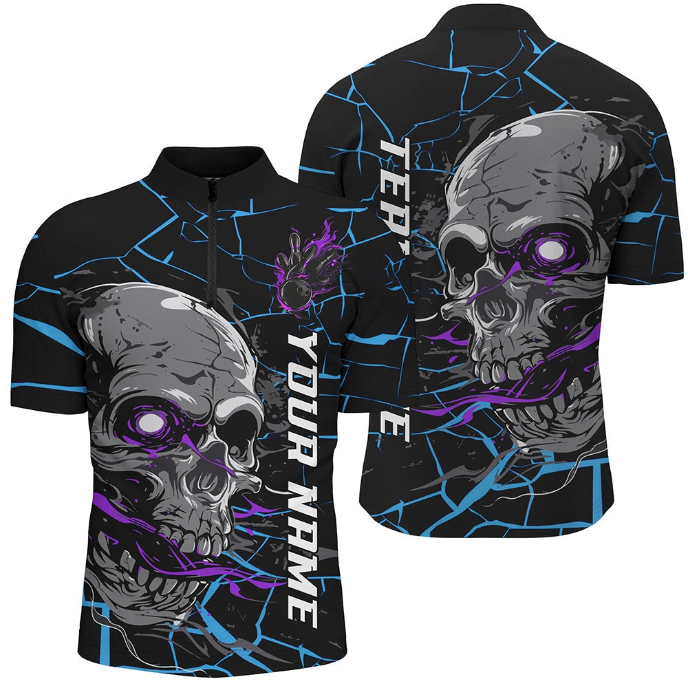 Custom Blue And Purple Halloween Skull Bowling Shirts For Men, Outfit Bowling For Team , Bowling Jersey Shirt