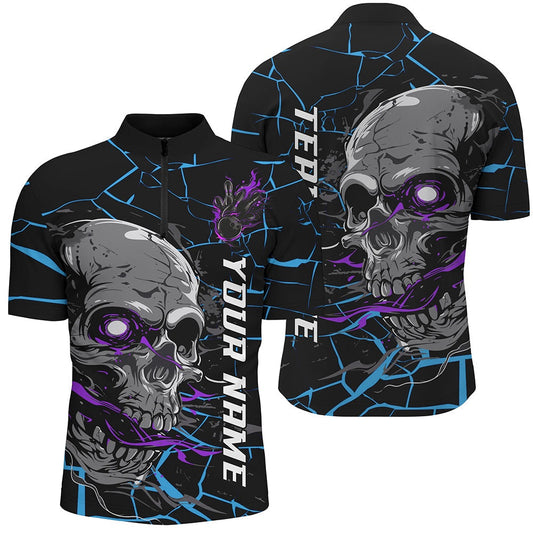 Custom Blue And Purple Halloween Skull Bowling Shirts For Men, Outfit Bowling For Team , Bowling Jersey Shirt