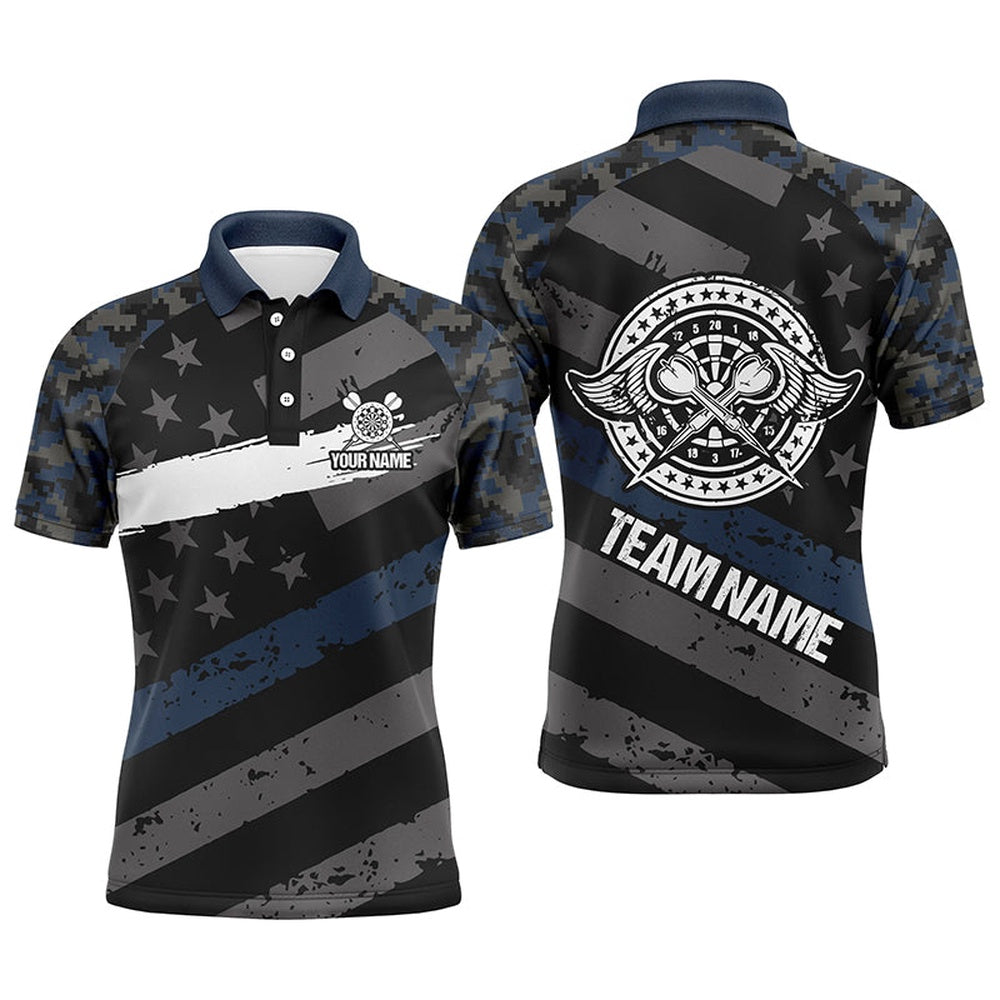 Custom Blue Camo Retro American Flag Patriotic Darts Polo Shirt Darts Polo For Men, Darts Team Polo Shirt