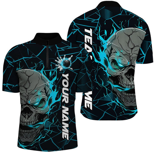 Custom Blue Flame Skull Bowling Shirts For Men, Halloween Bowling Team Outfits , Bowling Jersey Shirt