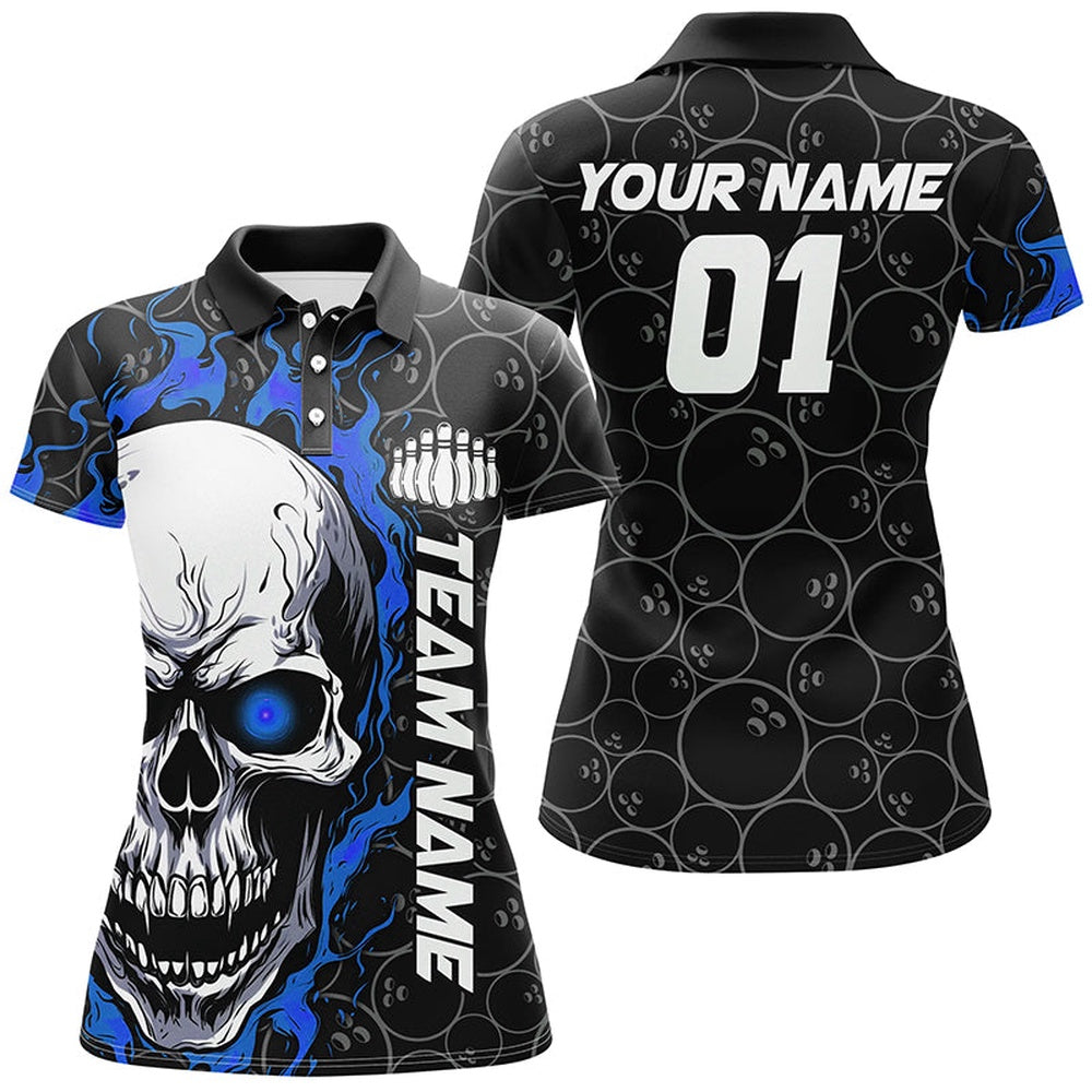 Custom Blue Flame Skull Halloween Ladies Bowling Shirts With Custom Name, Team Name, Number, Bowling Team Shirts