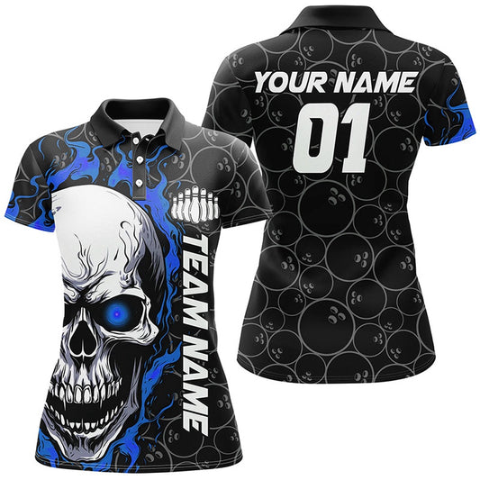 Custom Blue Flame Skull Halloween Ladies Bowling Shirts With Custom Name, Team Name, Number, Bowling Team Shirts