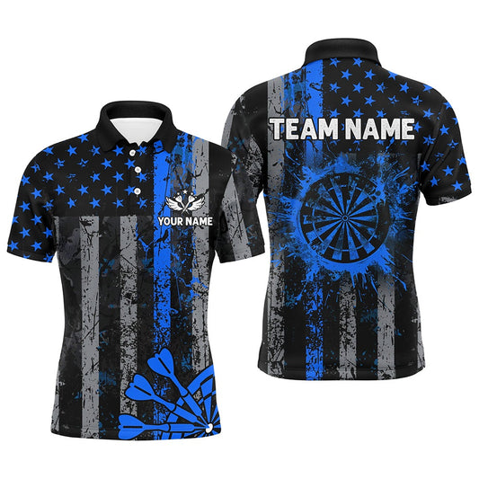 Custom Blue Grunge US Flag Patriotic Darts Shirt For Men, Retro Darts Board Darts Team Polo, Darts Team Polo Shirt