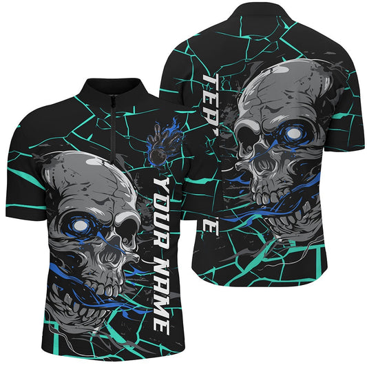 Custom Blue Halloween Skull Bowling Shirts For Men, Outfit Bowling For Team , Bowling Jersey Shirt