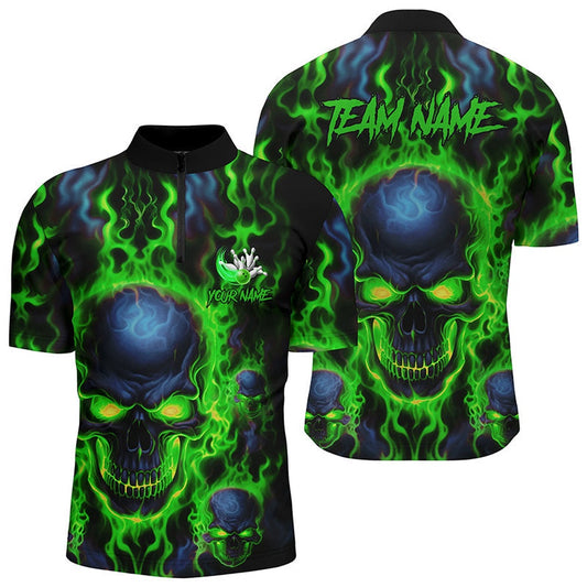 Custom Bowling Jersey Shirtmen Green Flame Skull Team Bowling Jerseys Halloween Outfits , Bowling Jersey Shirt