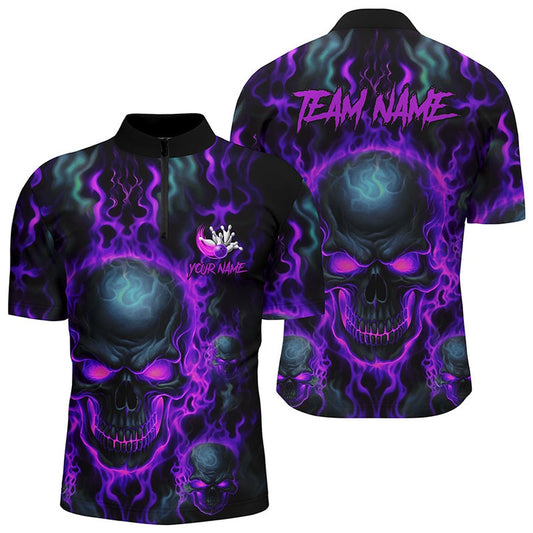 Custom Bowling Jersey Shirtmen Purple Flame Skull Team Bowling Jerseys Halloween Outfits , Bowling Jersey Shirt