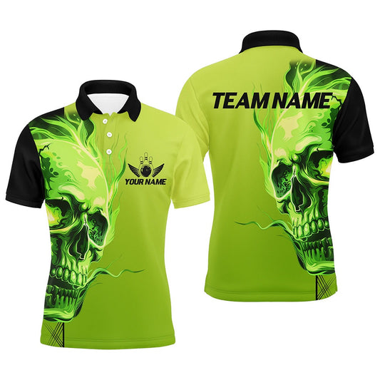 Custom Bowling Polo, Polo Shirts Men Green Flame Skull Team Bowling Polo Halloween Outfits, Bowling Team Shirts