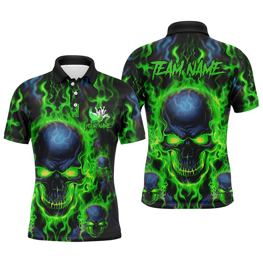 Custom Bowling Polo Shirts Men Green Flame Skull Team Bowling Polo Halloween Bowler Outfits, Bowling Team Shirts