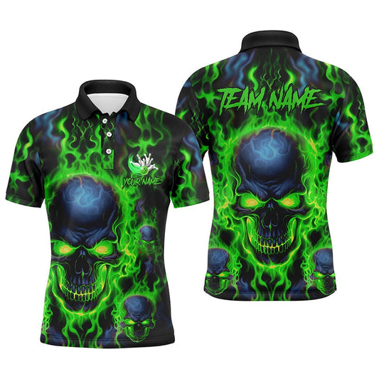 Custom Bowling Polo Shirts Men Green Flame Skull Team Bowling Polo Halloween Bowler Outfits, Bowling Team Shirts