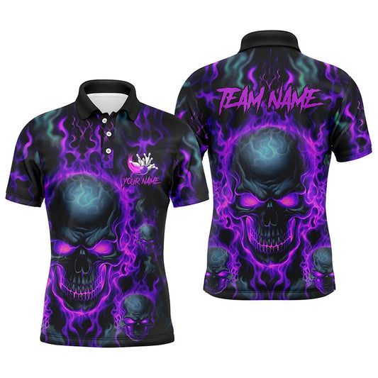 Custom Bowling Polo Shirts Men Purple Flame Skull Team Bowling Polo Halloween Bowler Outfits, Bowling Team Shirts