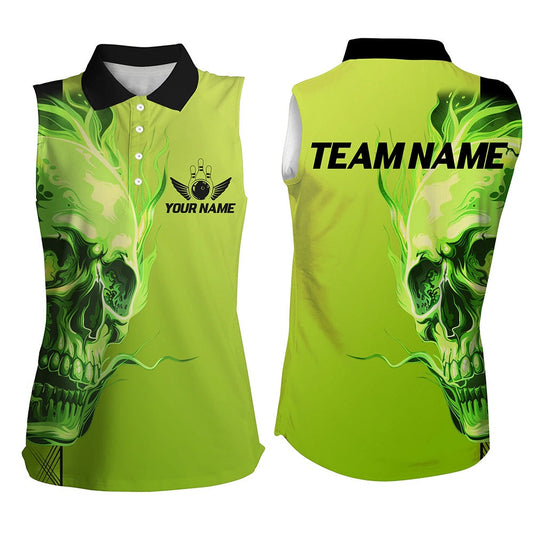 Custom Bowling Sleeveless Polo Shirts Women Green Flame Skull Team Bowling Polo Halloween Outfits, Women Bowling Shirts
