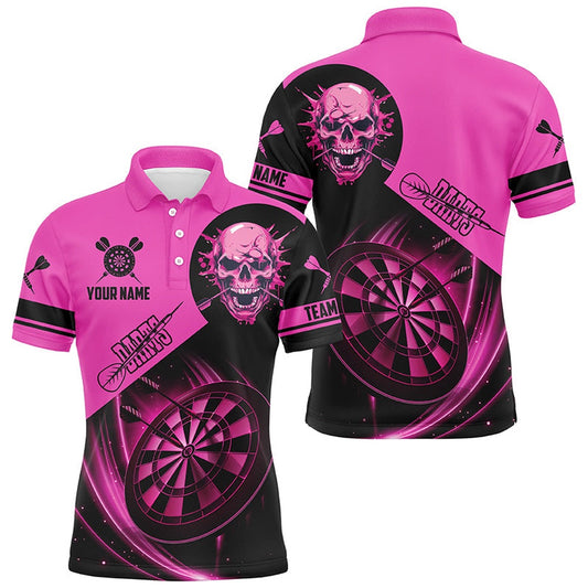 Custom Darts Shirts For Men, Personalized Skull Darts Team Polo Dartboard Shirts Pink, Darts Team Polo Shirt