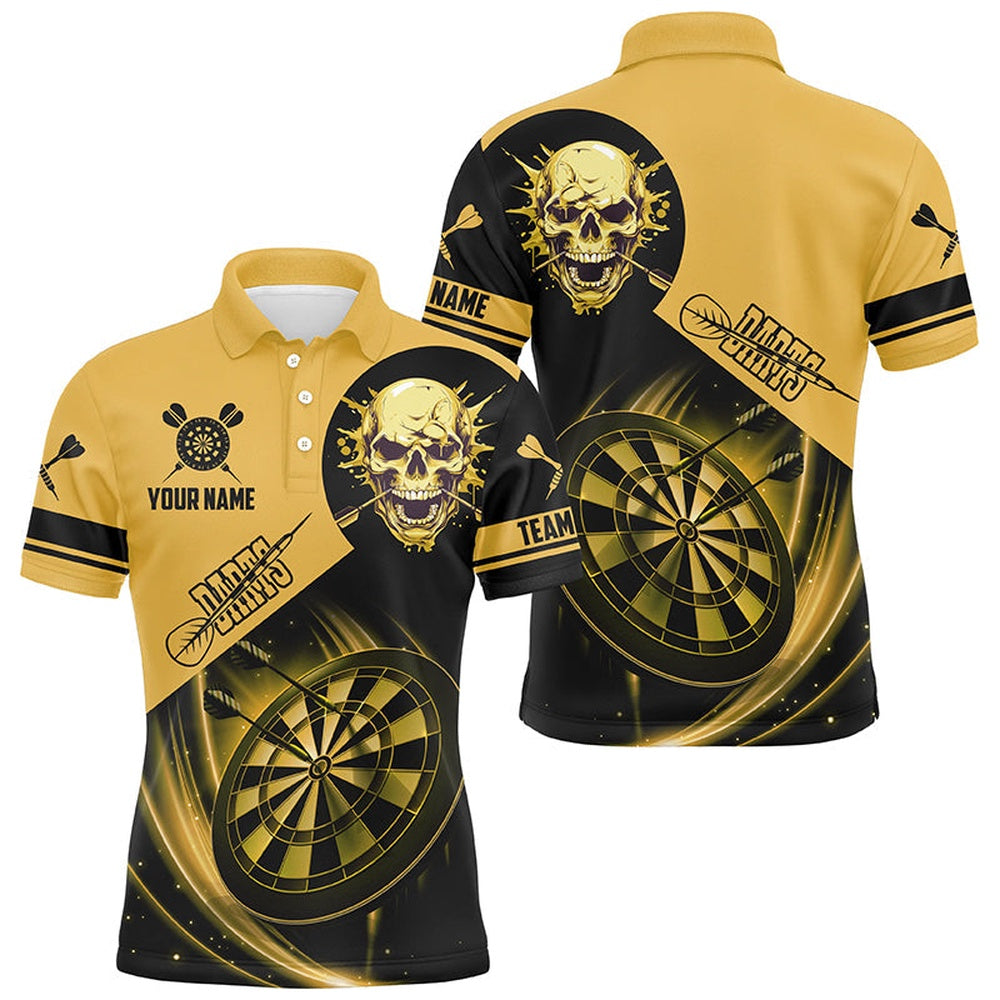 Custom Darts Shirts For Men, Personalized Skull Darts Team Polo Dartboard Shirts Yellow, Darts Team Polo Shirt