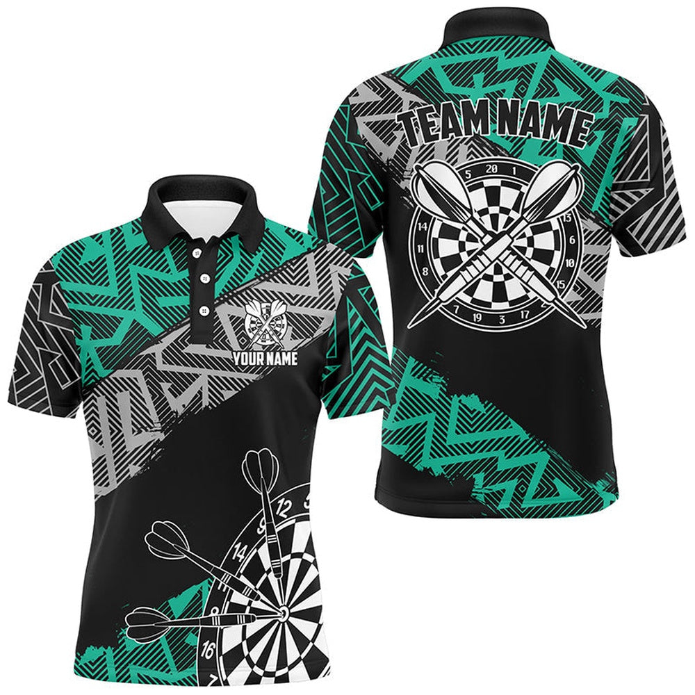 Custom Darts Shirts For Men Personalized Zig-Zag Pattern Dart Polo, Cool Dart Shirts Turquoise, Darts Team Polo Shirt