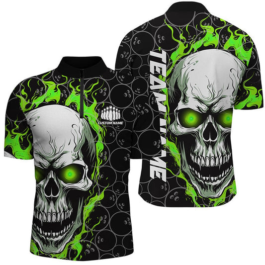 Custom Flaming Skull Team Bowling Shirts For Men, Halloween Bowling Jerseys Green , Bowling Jersey Shirt