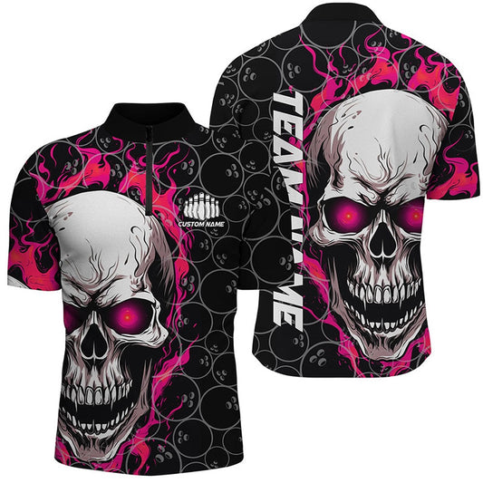 Custom Flaming Skull Team Bowling Shirts For Men, Halloween Bowling Jerseys Pink , Bowling Jersey Shirt