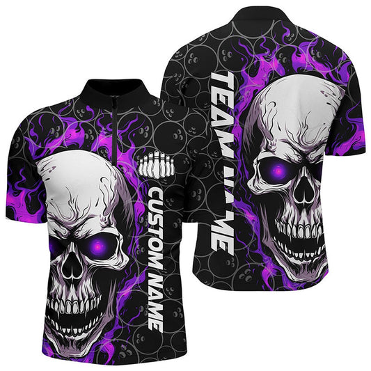 Custom Flaming Skull Team Bowling Shirts For Men, Halloween Bowling Jerseys Purple , Bowling Jersey Shirt