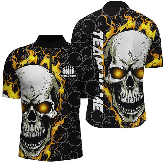 Custom Flaming Skull Team Bowling Shirts For Men, Halloween Bowling Jerseys Yellow , Bowling Jersey Shirt