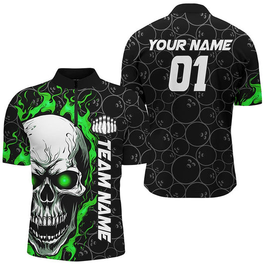 Custom Green Flame Skull Halloween Bowling Shirts For Men With Custom Name, Team Name, Number , Bowling Jersey Shirt