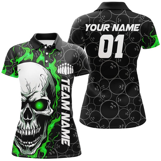 Custom Green Flame Skull Halloween Ladies Bowling Shirts With Custom Name, Team Name, Number, Bowling Team Shirts