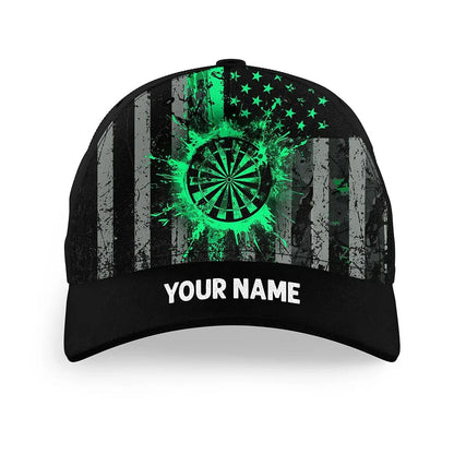 Custom Green Grunge US Flag Patriotic Darts Hat, Personalized Baseball Darts Cap, Darts Team Cap Hats