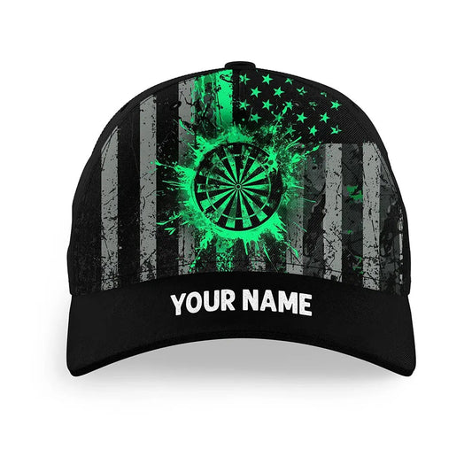 Custom Green Grunge US Flag Patriotic Darts Hat, Personalized Baseball Darts Cap, Darts Team Cap Hats