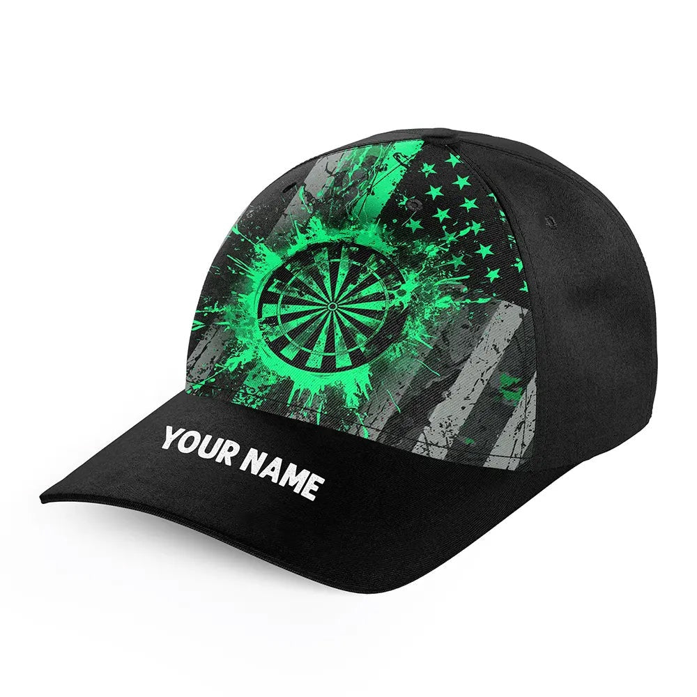 Custom Green Grunge US Flag Patriotic Darts Hat, Personalized Baseball Darts Cap, Darts Team Cap Hats
