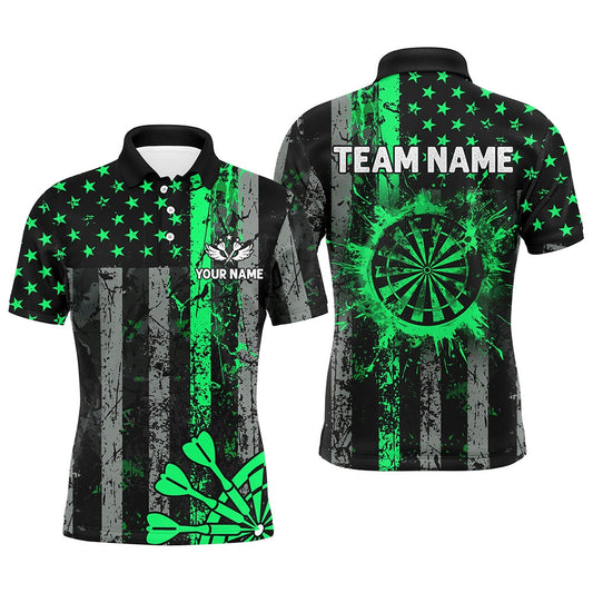 Custom Green Grunge US Flag Patriotic Darts Shirt For Men, Retro Darts Board Darts Team Polo, Darts Team Polo Shirt