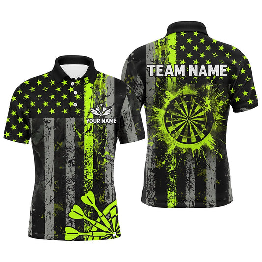 Custom Green Neon Grunge US Flag Patriotic Dart Shirt For Men, Retro Darts Board Darts Team Polo, Darts Team Polo Shirt