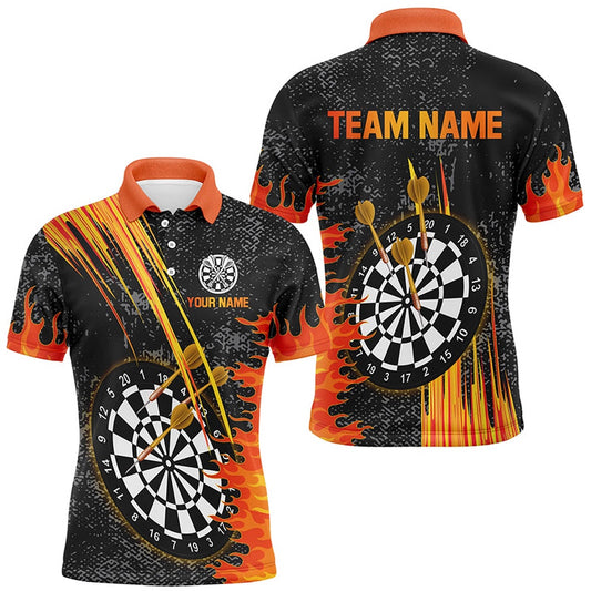 Custom Grey Grunge Orange Fire Flame Darts Shirts For Men, Darts Team Polo Short Sleeves, Darts Team Polo Shirt
