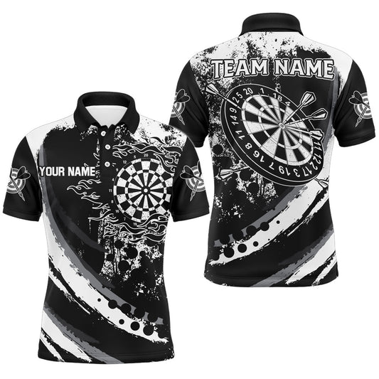 Custom Grunge Black Darts Flame Men Polo Shirts, Retro Darts Shirts Team Polo, Darts Team Polo Shirt