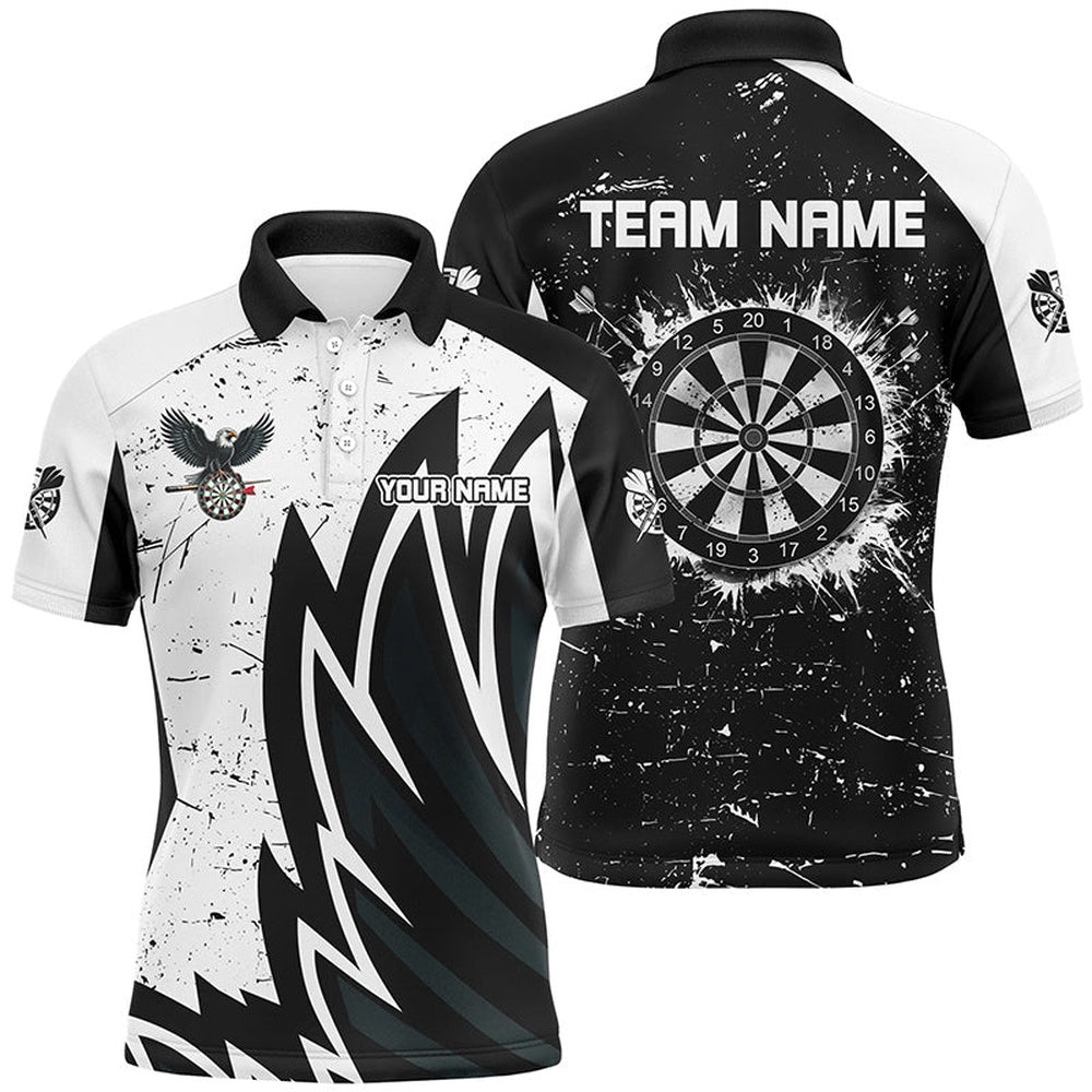 Custom Grunge Black White Dartboard Men Darts Shirts Custom Unique Darts Team Polo, Darts Team Polo Shirt