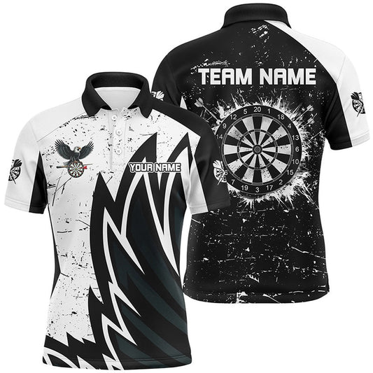 Custom Grunge Black White Dartboard Men Darts Shirts Custom Unique Darts Team Polo, Darts Team Polo Shirt