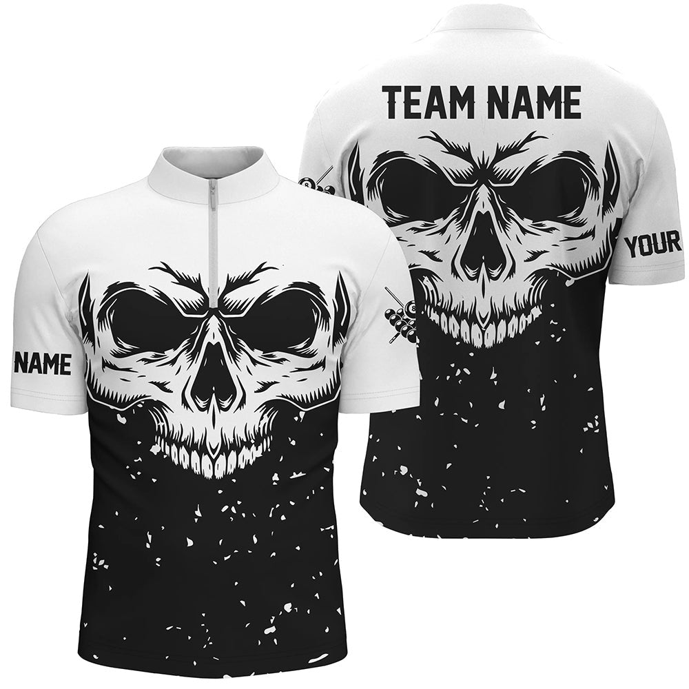 Custom Grunge Black White Skull Billiard Jersey Shirt, Billiards Apparel Clothing, Billiard Team Jersey Shirt