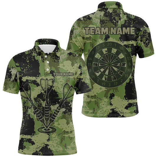 Custom Grunge Green Camo Darts Arrow Shirts For Men, Retro Darts Polo, Father's Day Darts Gifts, Darts Team Polo Shirt