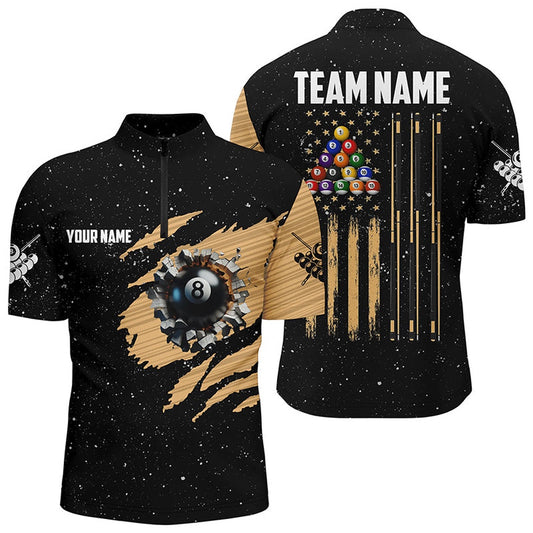 Custom Grunge US Flag 8 Ball Men Billiard Jerseys Shirts, Patriotic Pool Player Shirts, Billiard Team Jersey Shirt