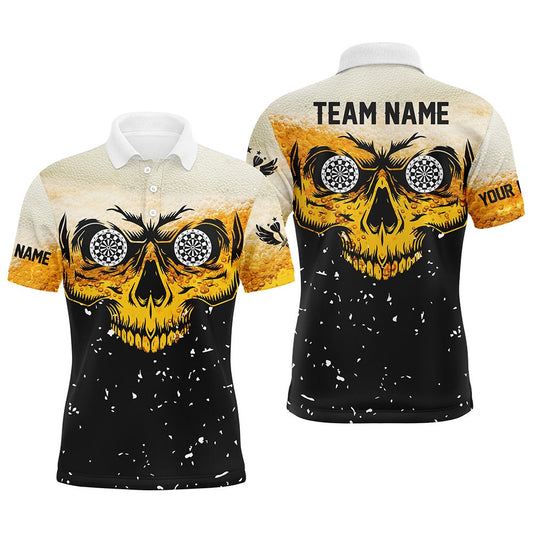 Custom Grunge Yellow Black Skull Darts Men Polo Shirts, Personalized Team League Darts Shirts, Darts Team Polo Shirt