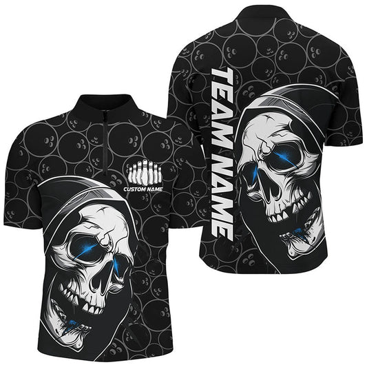 Custom Halloween Skull Bowling Shirts For Men, Personalized Bowling League Shirtsblue , Bowling Jersey Shirt