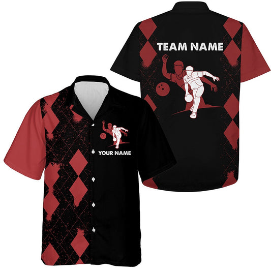 Custom Hawaiian Bowling Shirt Personalized Name Red & Black Bowler Team Hawaiian For Bowling Lover, Bowling Team Hawaiian
